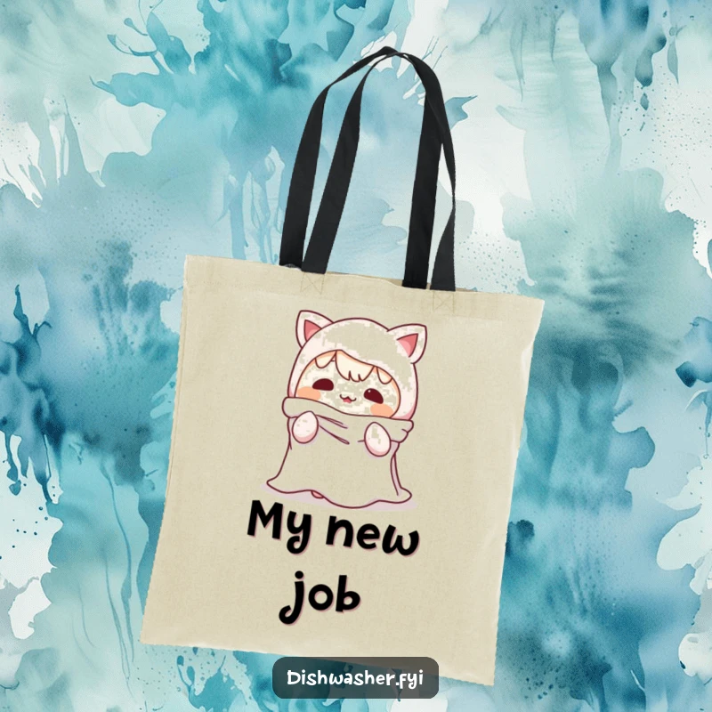 Funny Tote Bag: A character comically acting as a dishrag, a humorous and practical bag for carrying essentials and a mischievous spirit.