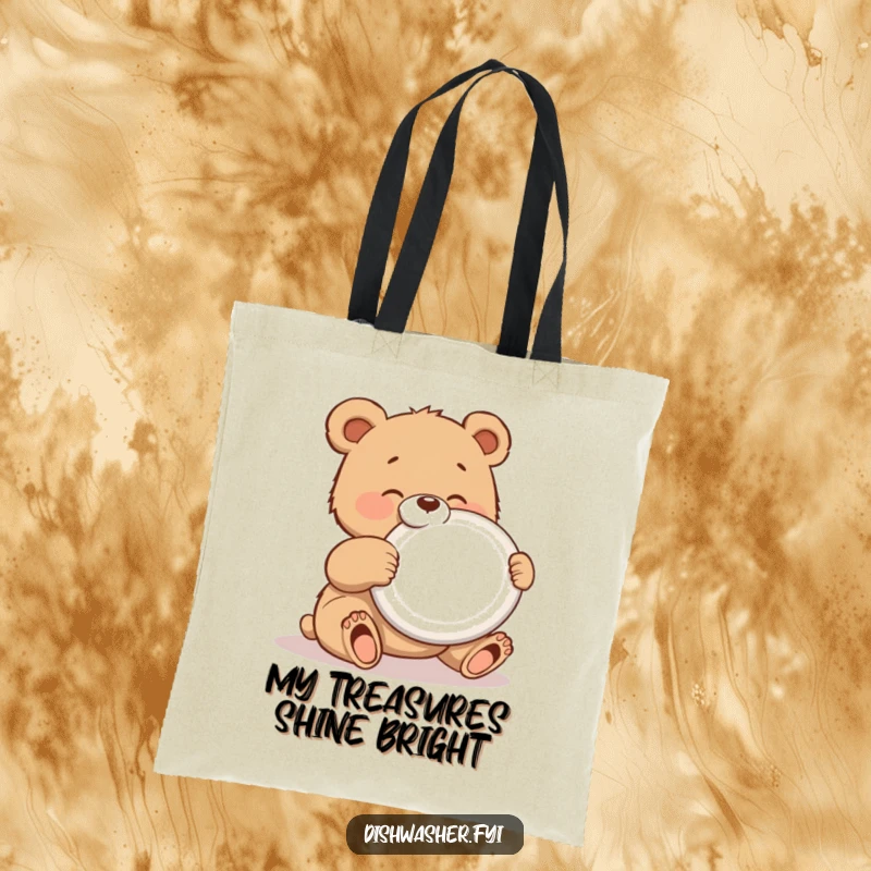 Funny tote bag with a gleeful bear cub polishing a shiny plate, perfect for shopping and carrying items with a neat, humorous vibe.